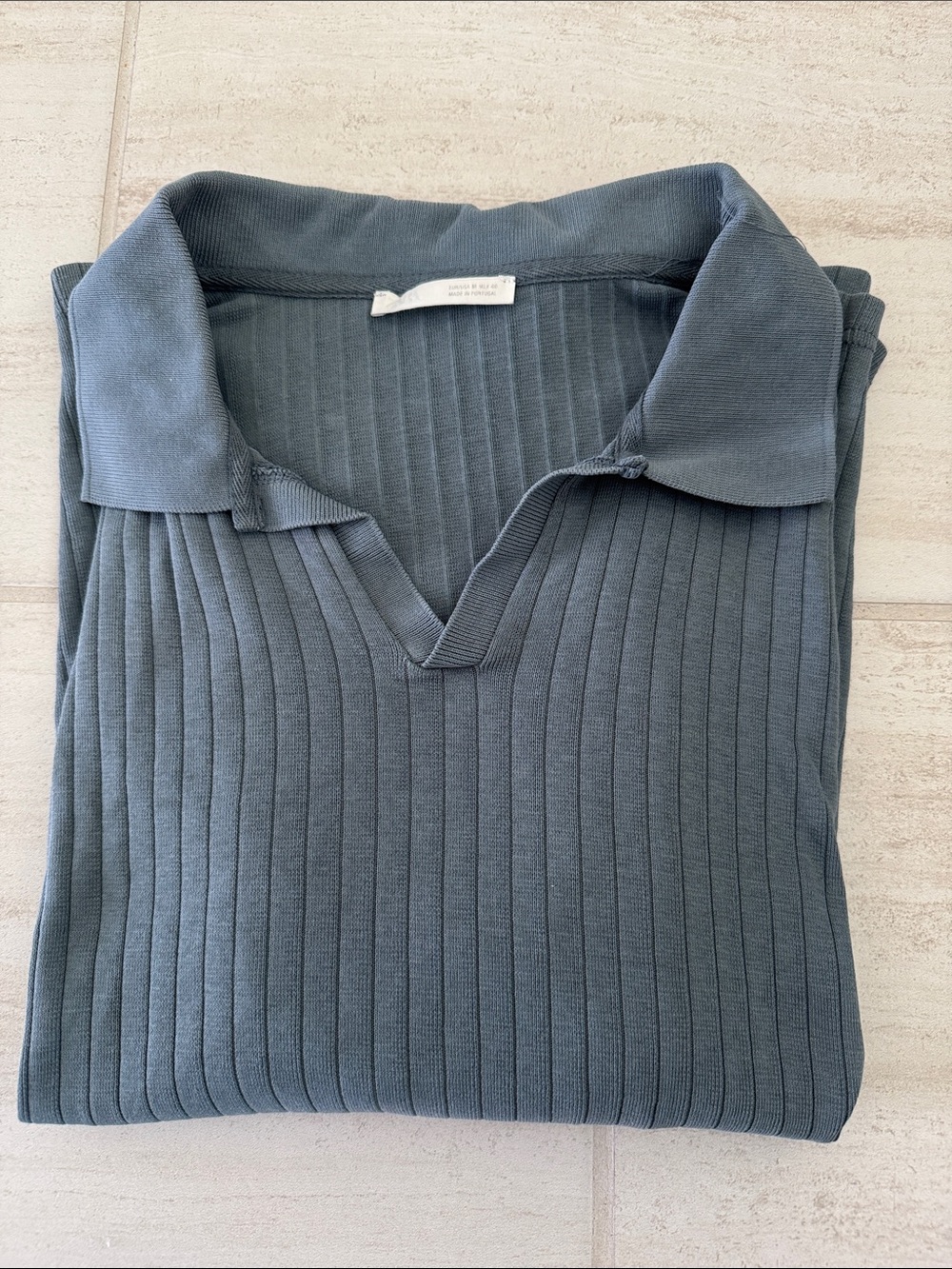 Zara Men’s Ribbed Polo Knit Top in Slate Blue